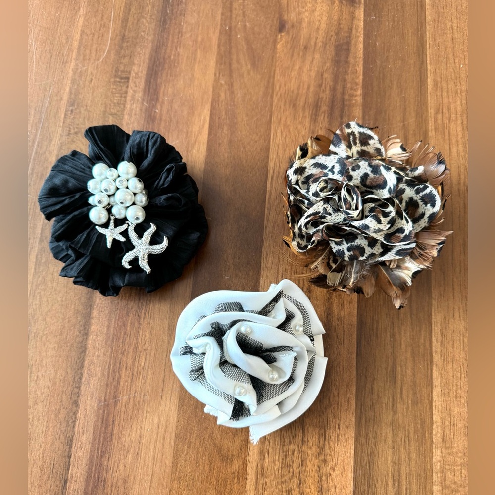 Set of Three Fabric Flower Brooches